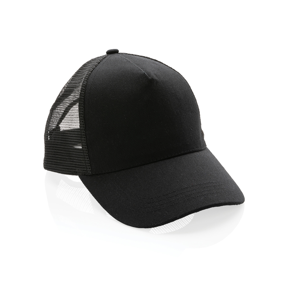 Impact AWARE™ 5 panel recycled katoenen truckercap - voor bedrijven en relatiegeschenken - zwart (± PMS Black)