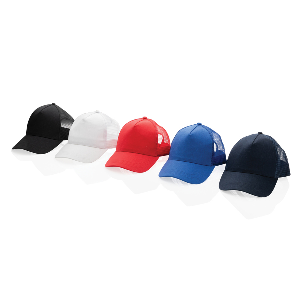 Impact AWARE™ 5 panel recycled katoenen truckercap - voor bedrijven en relatiegeschenken