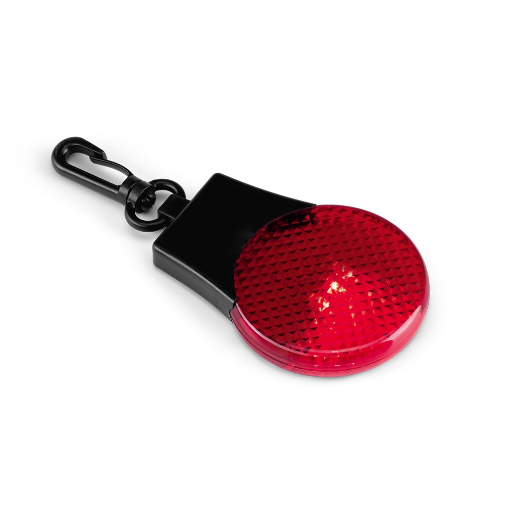 NIBALI. Ronde veiligheidslamp aan karabijhaak met 3 LED lichtjes - bedrukt of onbedrukt verkrijgbaar - Rood