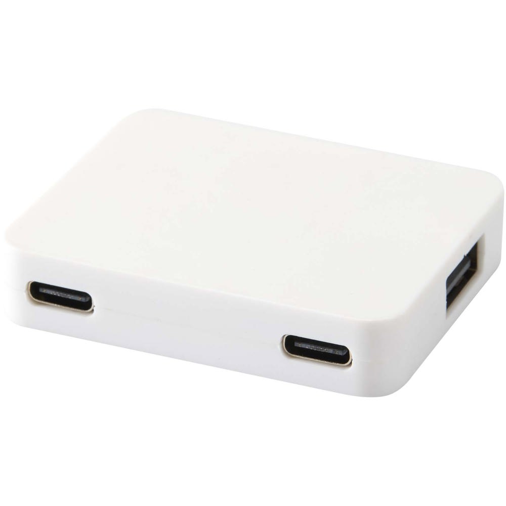 Gaia 4 poorts USB hub met uitgangen voor USB-A en Type-C en dubbele ingang van gerecycled plastic - bedrukt of - Wit