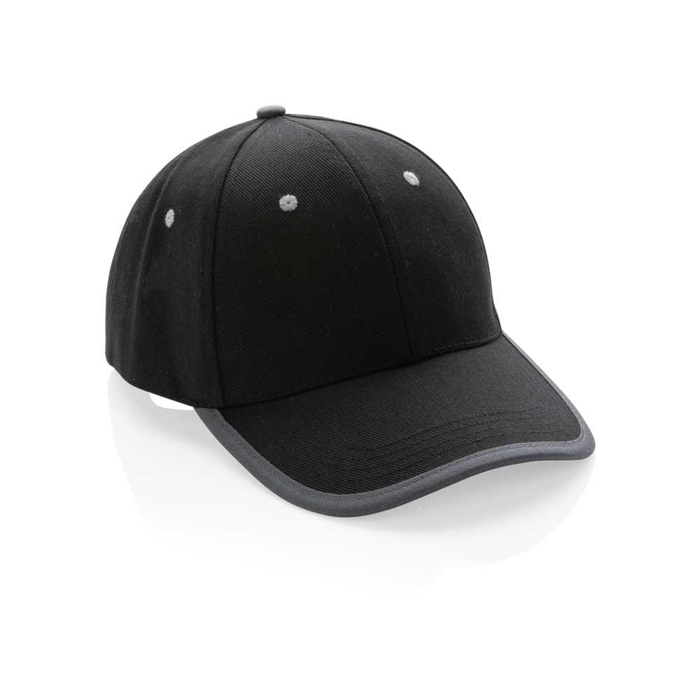 Impact AWARE™ 6 panel 280gr recycled katoen cap met bies - voor bedrijven en relatiegeschenken - zwart (± PMS Black)