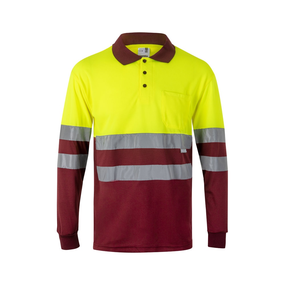 VL VULCAN. Tweekleurige vogelkleurige polo (160g/m²) met lange mouwen, van polyester (100%) - bedrukt of - Bordeaux rood, Geel