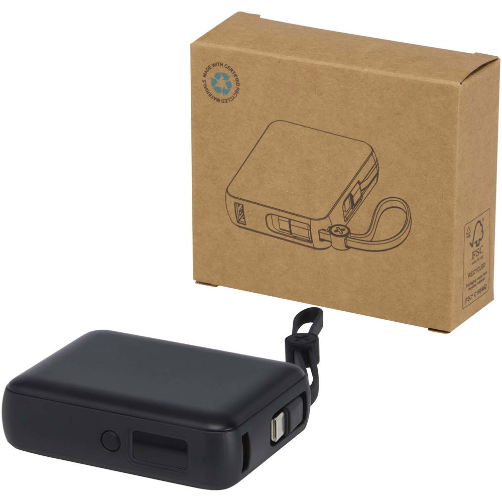 Acrux tabletpowerbank van 10.000 mAh 35 W met ingebouwde Type-C kabel van gerecycled plastic - voor bedrijven - Zwart