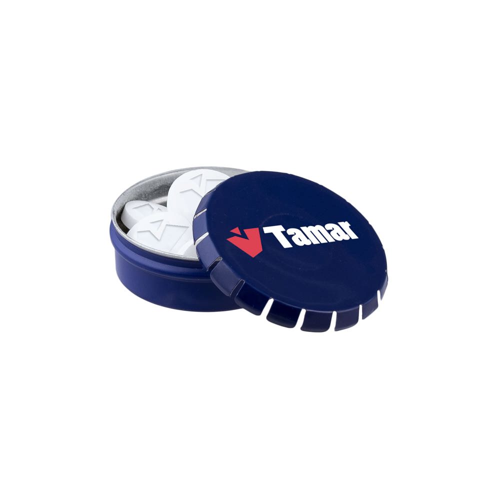 Mini clic-clac blikje met logo mints - bedrukt of onbedrukt verkrijgbaar - Blauw