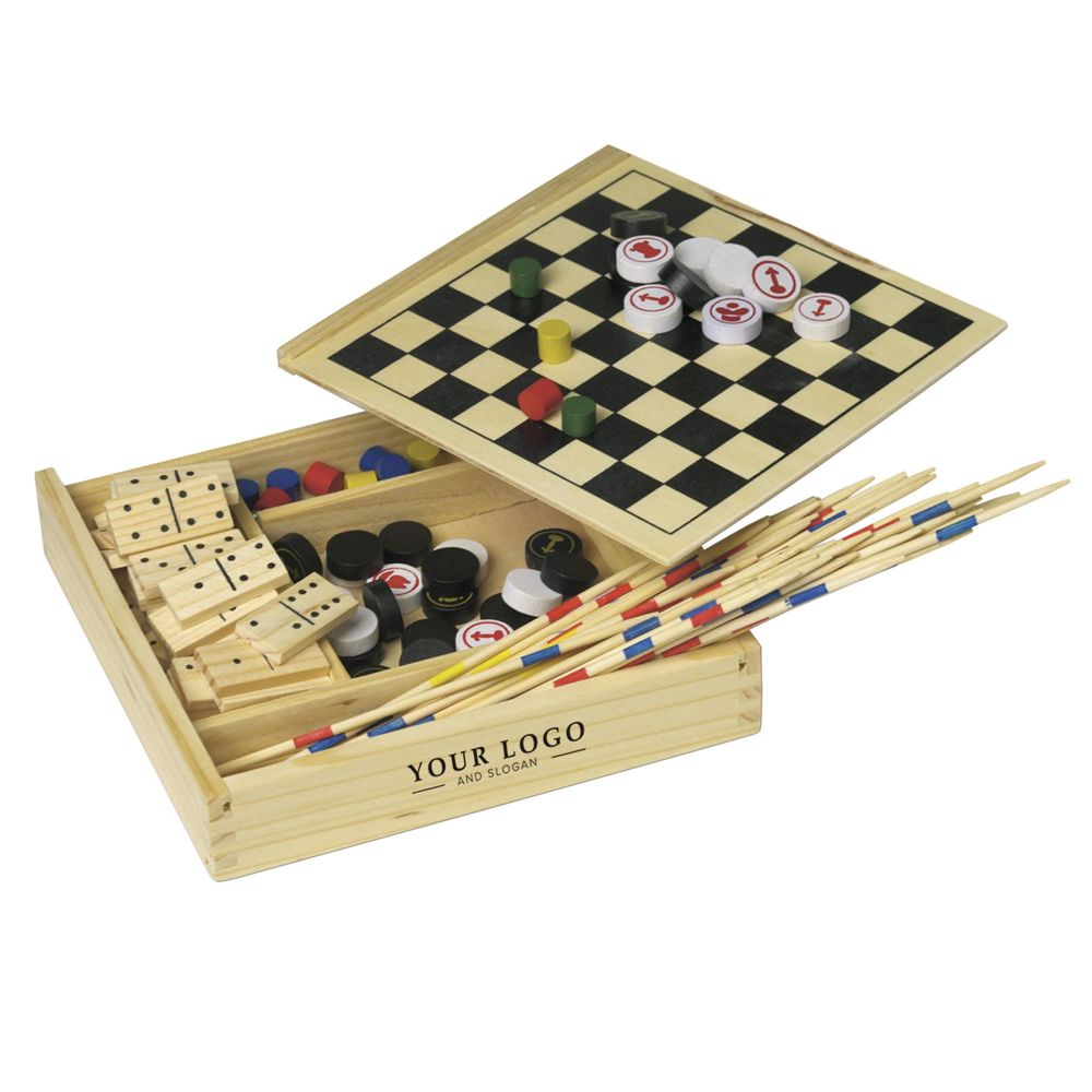Houten 5-in-1 spellenset Cherie - met logo of onbedrukt bestellen - bruin