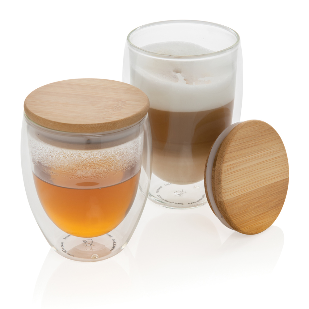 Dubbelwandig borosilicaatglas met bamboe deksel 250ml set - bedrukt of onbedrukt verkrijgbaar