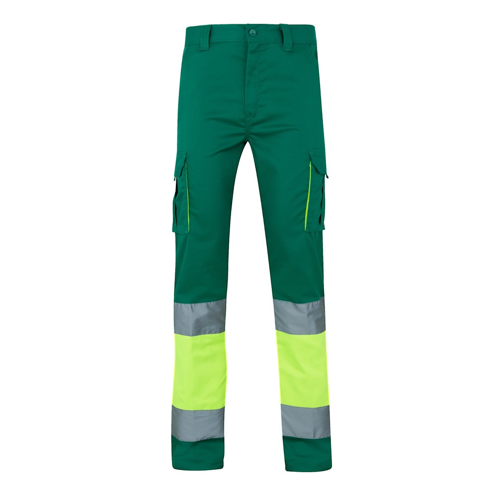 VL ZEUS. Tweekleurige stretchbroek met meerdere zakken (240 g/m²), van katoen (46%), EME (38%) en polyester - Groen, Geel