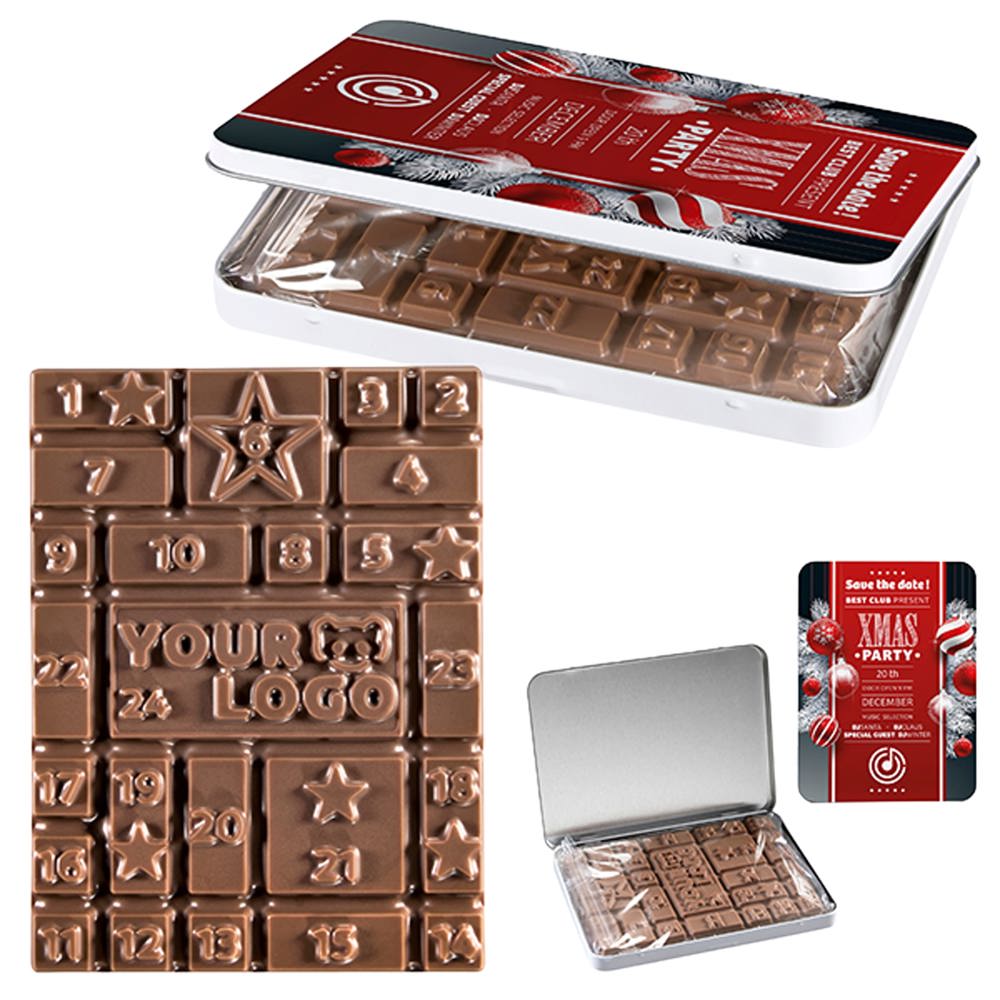 Blik met Logo chocolade plak - bedrukt of onbedrukt verkrijgbaar