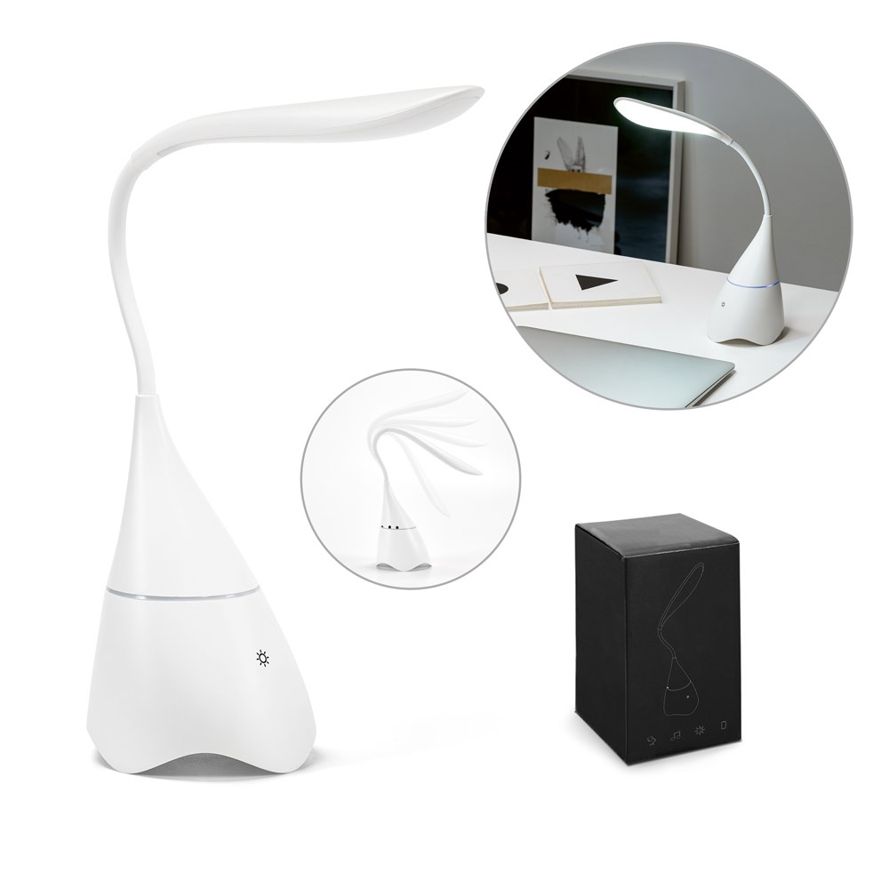 GRAHAME. Draagbare bureaulamp in gerecycled ABS (100% rABS) met luidspreker en een autonomie van 5 uur