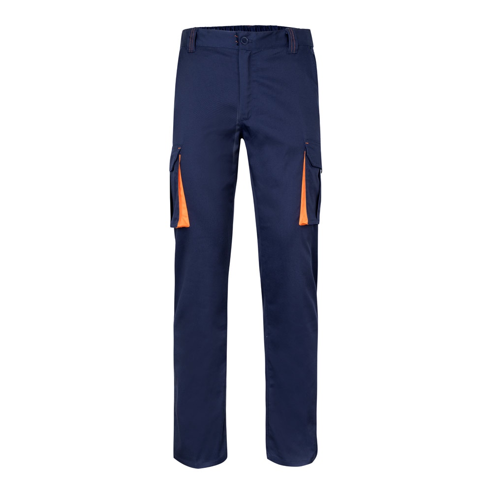 VL FIDES. Tweekleurige stretchbroek met meerdere zakken (240g/m²) van katoen (46%), EME (38%) en polyester - Marineblauw, Oranje