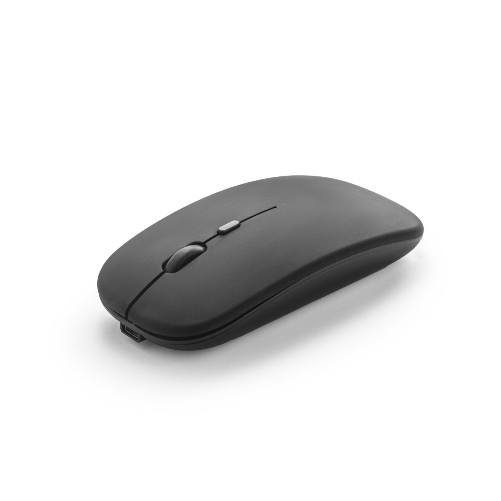 KHAN. Draadloze muis met 500mAh batterij uit gerecycled ABS (100% rABS) - met logo of onbedrukt bestellen - Zwart