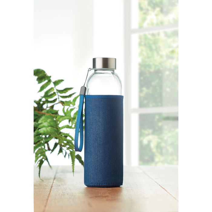 UTAH DENIM - Glazen drinkfles in tasje 500ml - met logo of onbedrukt bestellen