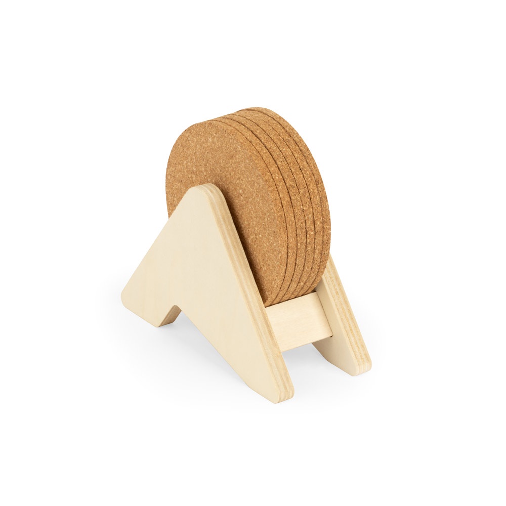 PLYCORK. Multiplex standaard met 6 onderzetters van kurk