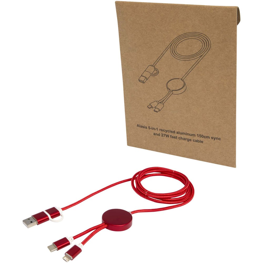 Alasia 5-in-1 150 cm datasynchronisatie- en 27 W snellaadkabel van gerecycled aluminium en plastic - voor - Rood