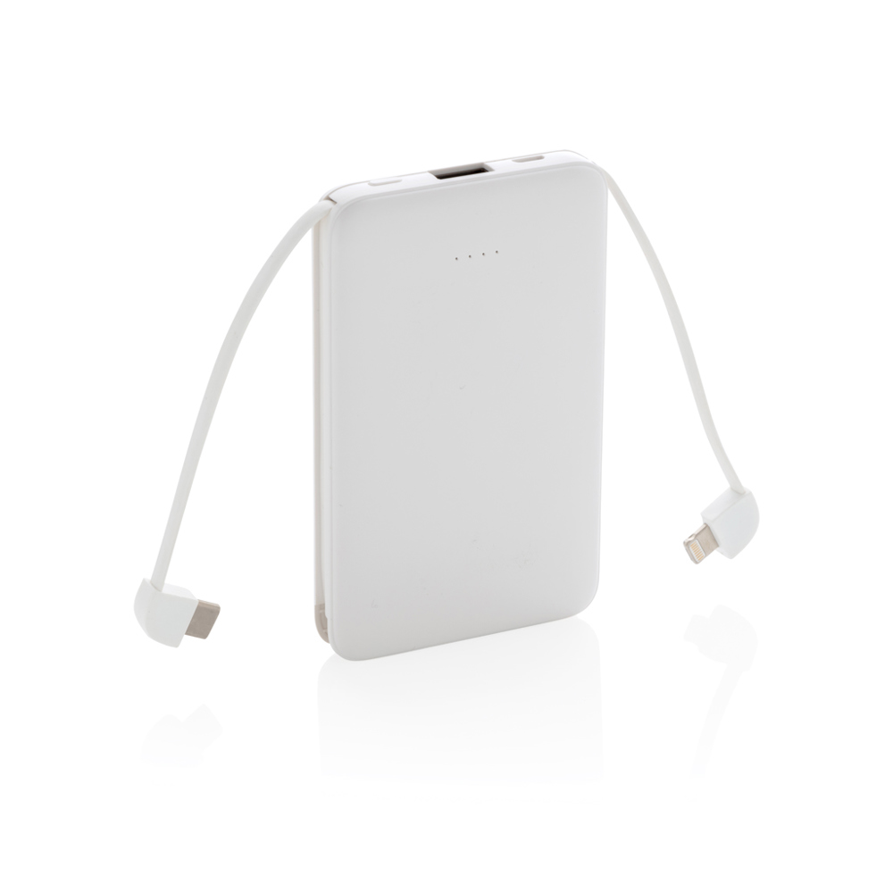 5.000 mAh zakformaat powerbank met geïntegreerde kabels - met logo of onbedrukt bestellen - wit (± PMS White)