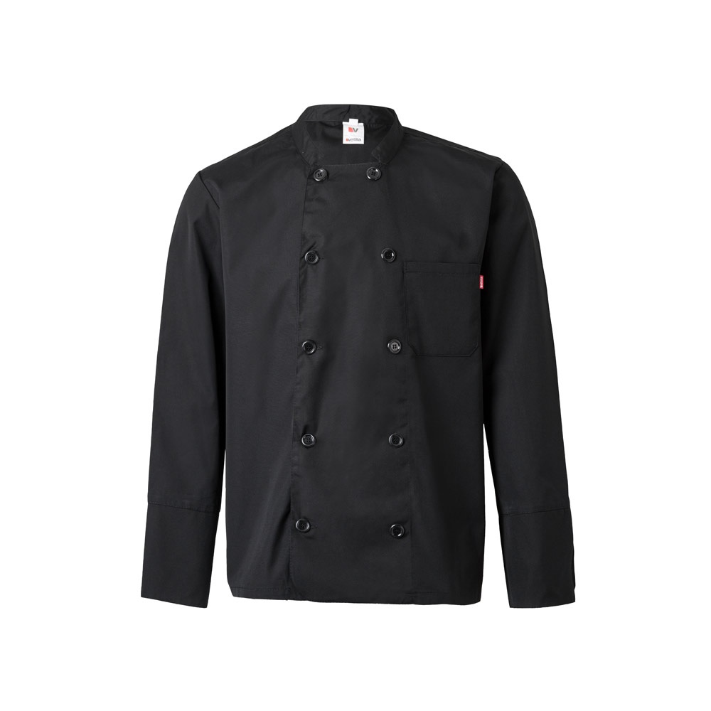 VL KALI. Keukenjas met lange mouwen (175g/m²), van katoen (35%) en polyester (65%) - met logo of onbedrukt - Zwart