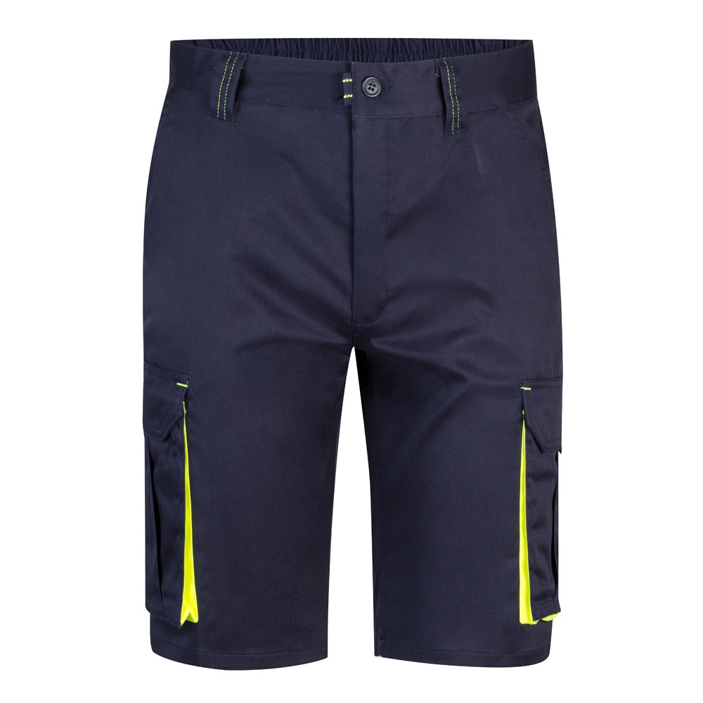 VL HEMERA. Tweekleurige stretch bermuda met meerdere zakken (240g/m²), van katoen (46%), EME (38%) en - Marineblauw, Geel
