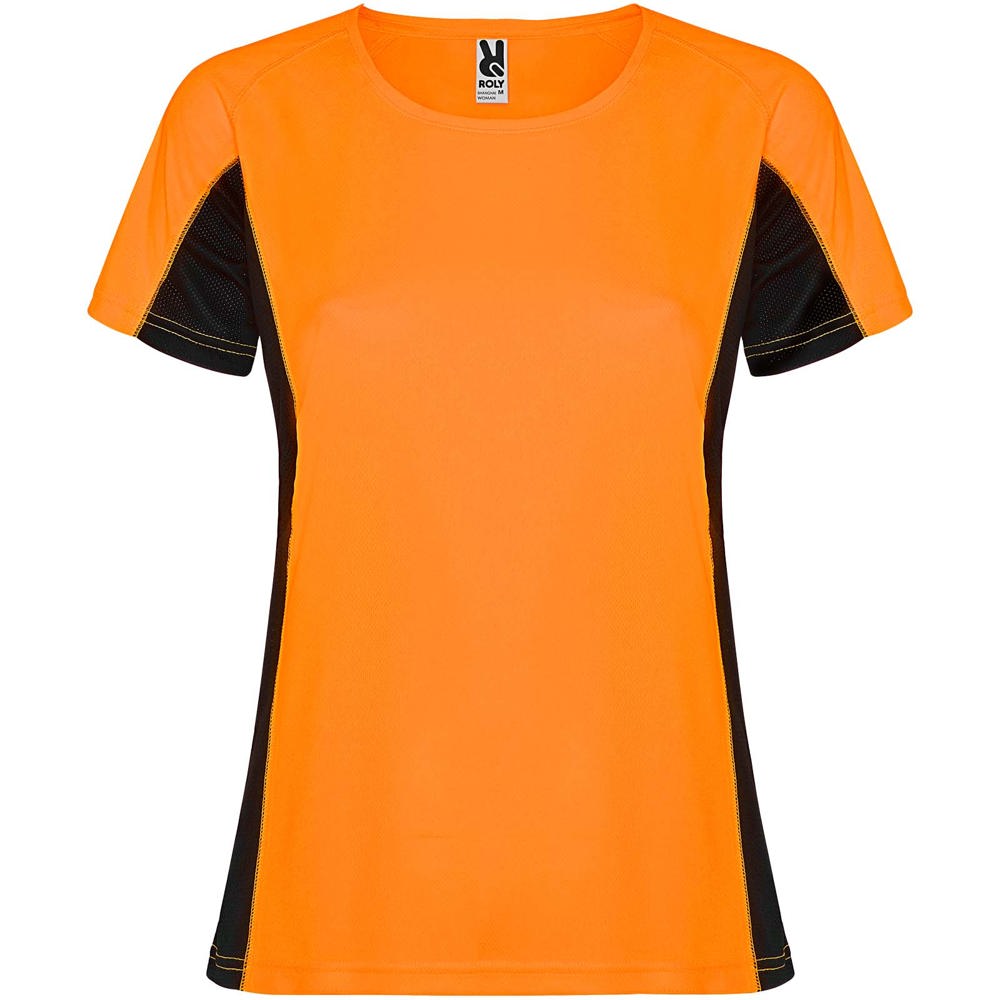 Shanghai sportshirt met korte mouwen voor dames - voor bedrijven en relatiegeschenken - Fluor oranje, Zwart