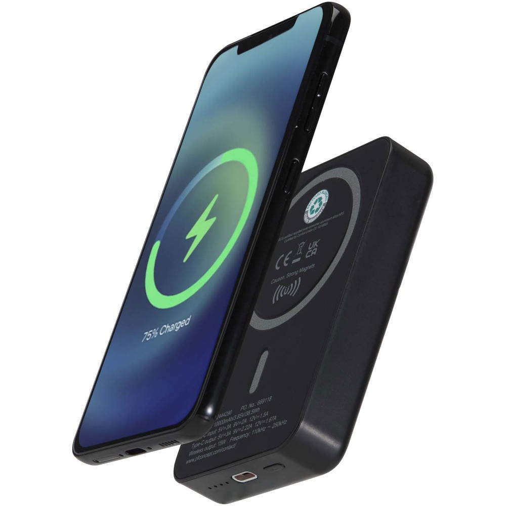 Acrab magnetische draadloze powerbank van 10.000 mAh 15 W met 20 W PD van gerecycled plastic - bedrukt of - Zwart