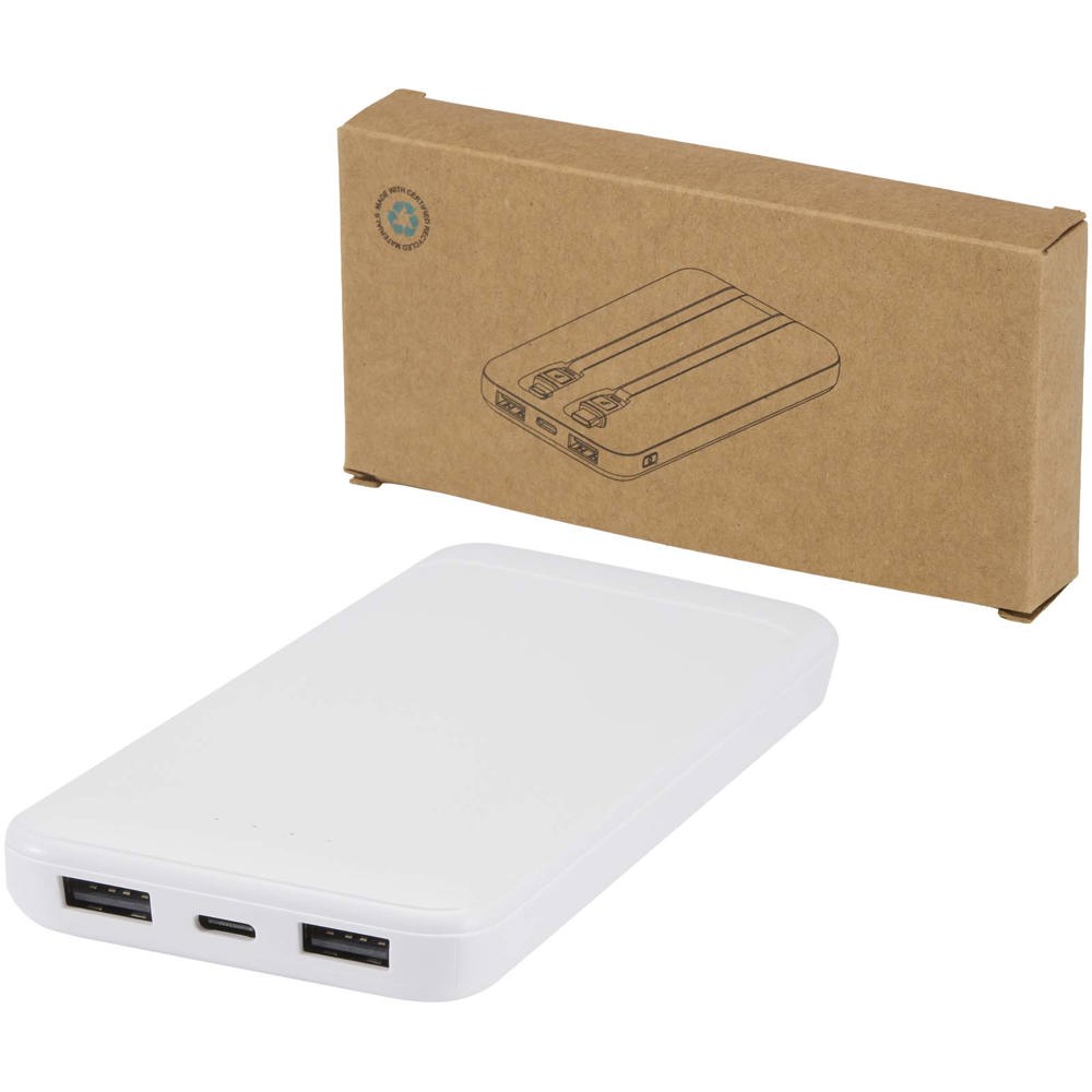 Adhil powerbank van 10.000 mAh 10 W van gerecycled plastic met 2 ingebouwde kabels - met logo of onbedrukt - Wit