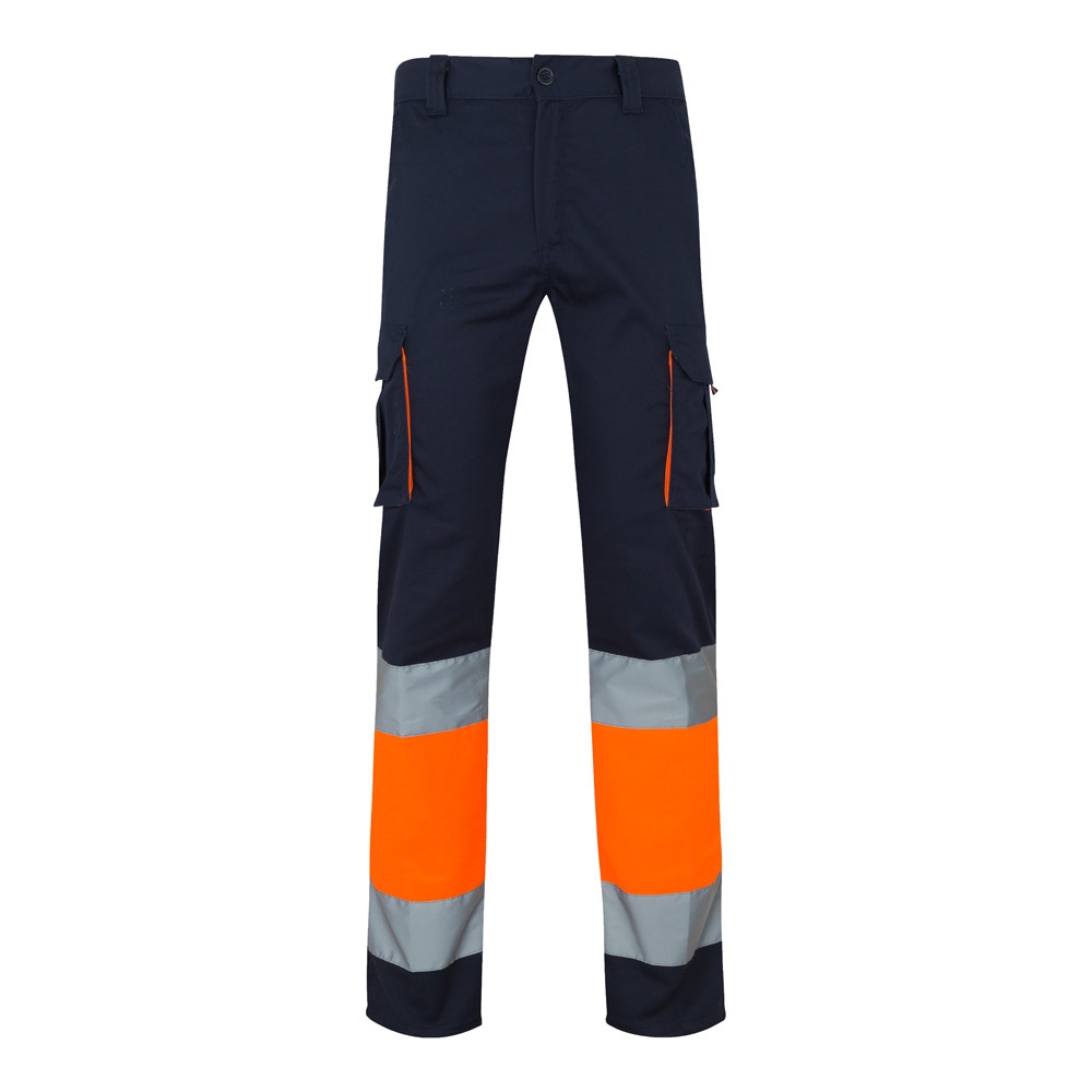 VL ZEUS. Tweekleurige stretchbroek met meerdere zakken (240 g/m²), van katoen (46%), EME (38%) en polyester - Marineblauw, Oranje