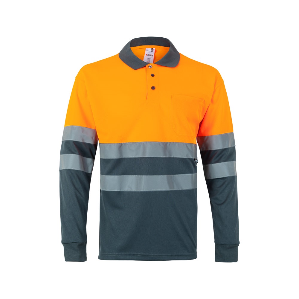 VL VULCAN. Tweekleurige vogelkleurige polo (160g/m²) met lange mouwen, van polyester (100%) - bedrukt of - Grijs, Oranje