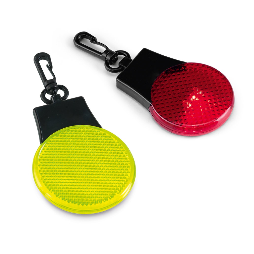 NIBALI. Ronde veiligheidslamp aan karabijhaak met 3 LED lichtjes - bedrukt of onbedrukt verkrijgbaar