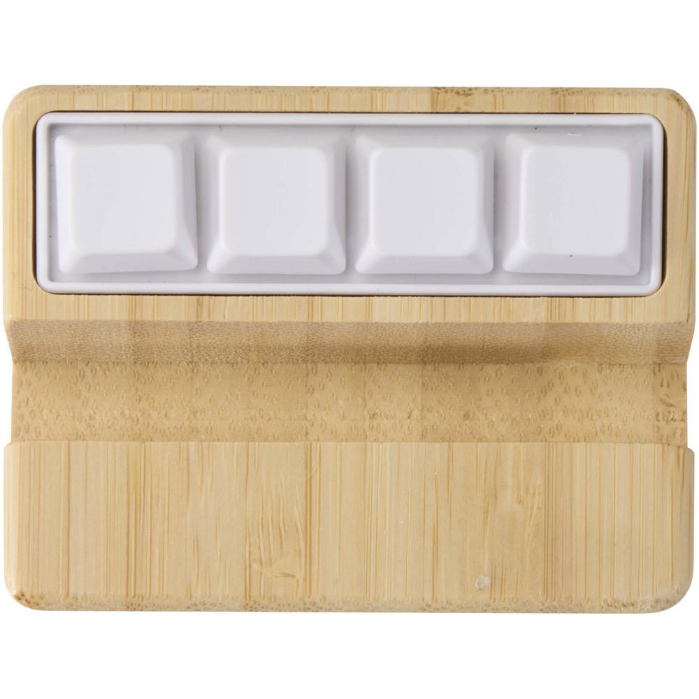 Algol telefoonstandaard en fidgetspeeltje van gerecycled plastic met bamboedetails