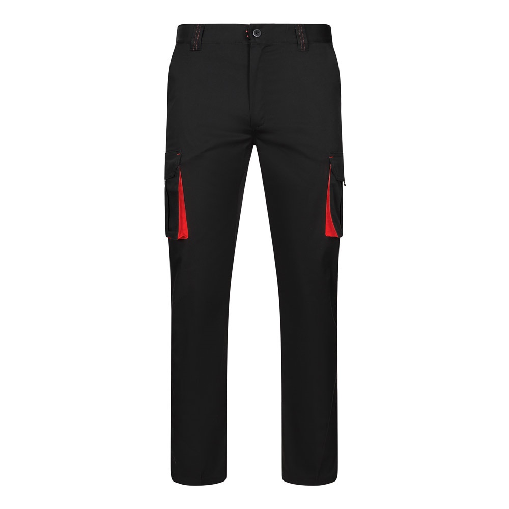 VL FIDES. Tweekleurige stretchbroek met meerdere zakken (240g/m²) van katoen (46%), EME (38%) en polyester - Zwart, Rood