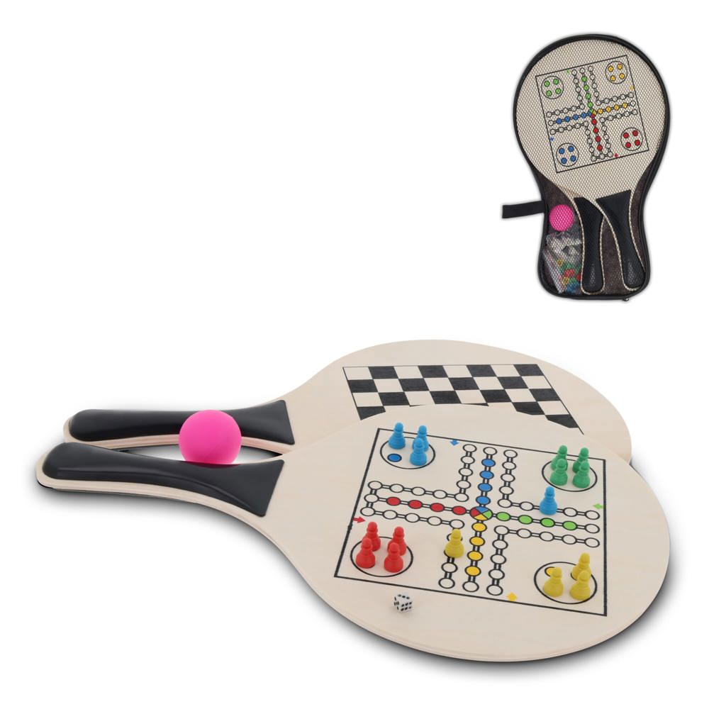 MDF strand tennis set met gezelsschapsspellen - bedrukt of onbedrukt verkrijgbaar