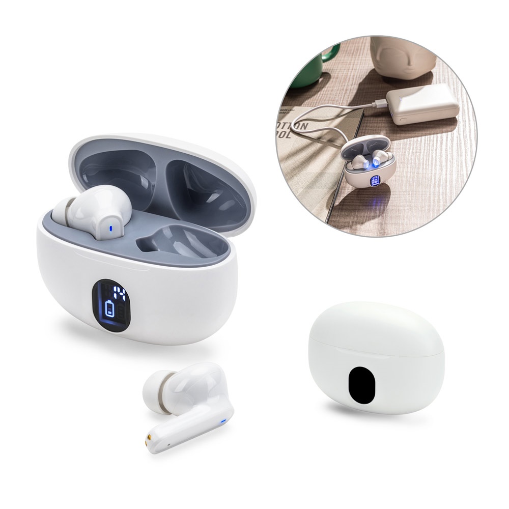 CAETANO. Draadloze oordopjes met 4 uur batterijduur op gerecycled ABS (100% rABS) - bedrukt of onbedrukt