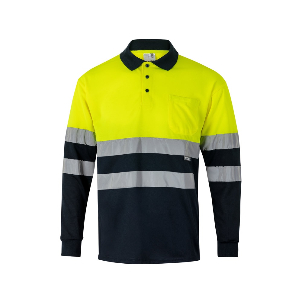 VL VULCAN. Tweekleurige vogelkleurige polo (160g/m²) met lange mouwen, van polyester (100%) - bedrukt of - Marineblauw, Geel