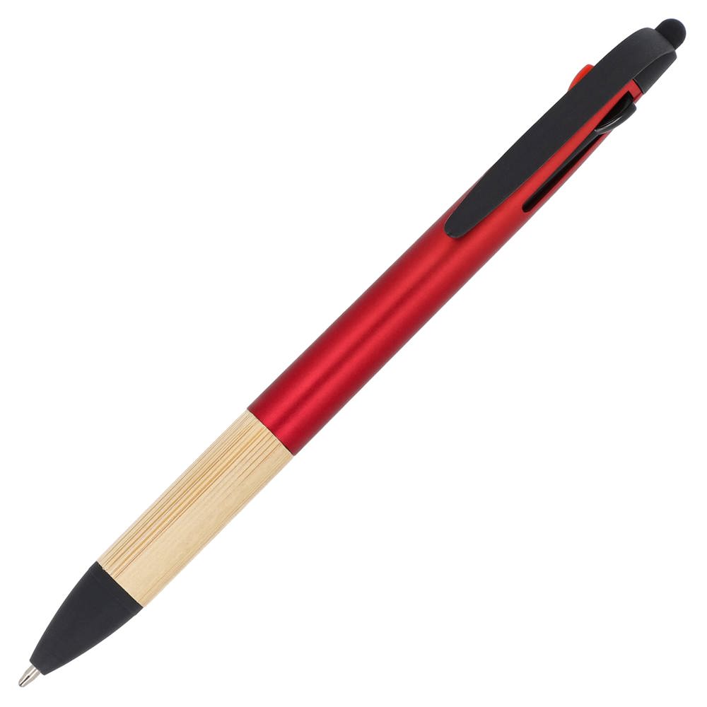 3-kleuren pen met bamboe grip - bedrukt of onbedrukt verkrijgbaar - rood