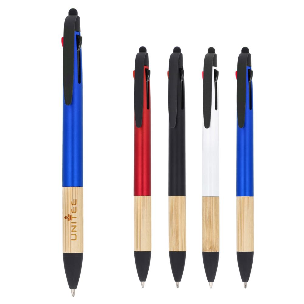 3-kleuren pen met bamboe grip - bedrukt of onbedrukt verkrijgbaar