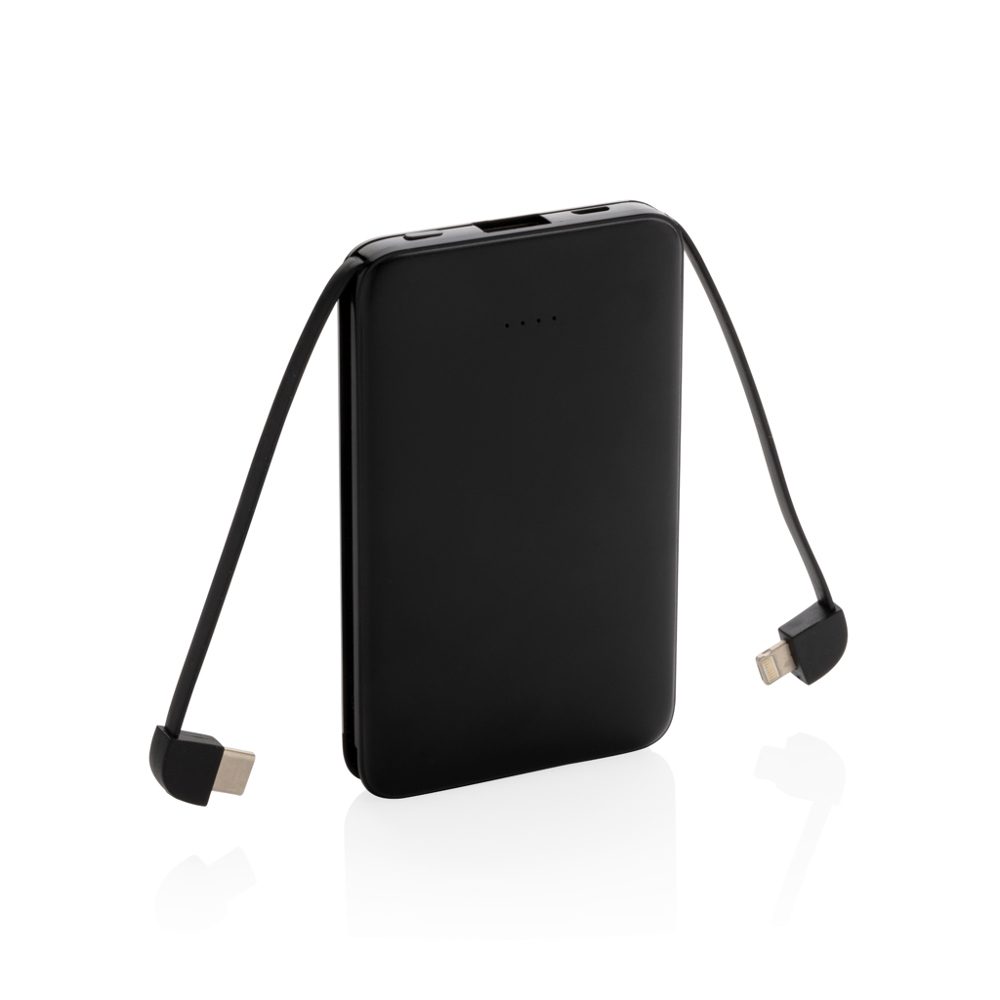 5.000 mAh zakformaat powerbank met geïntegreerde kabels - met logo of onbedrukt bestellen - zwart (± PMS Black)