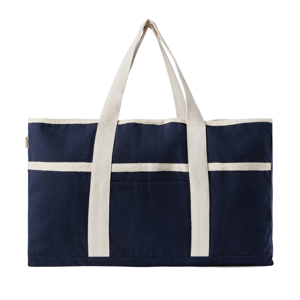 VINGA Volonne AWARE™ recycled canvas strandtas - voor bedrijven en relatiegeschenken - blauw, gebroken wit (± PMS 19-4011/ ± PMS 11-0606 TPG)