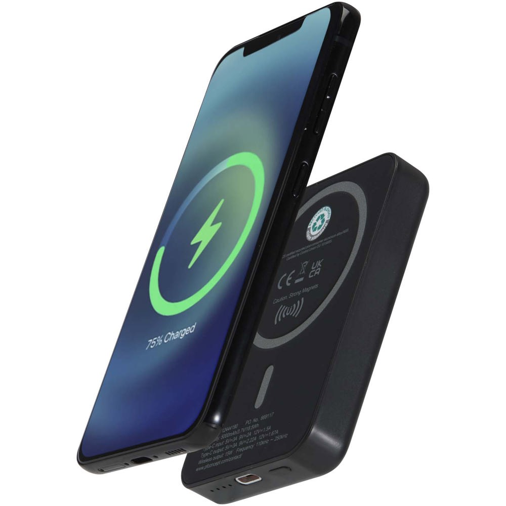 Acrab magnetische draadloze powerbank van 5000 mAh 15 W met 20 W PD van gerecycled plastic - met logo of