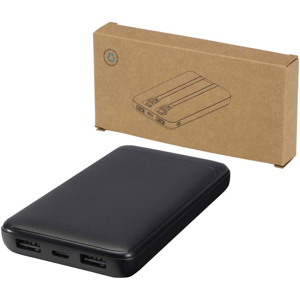 Adhil powerbank van 10.000 mAh 10 W van gerecycled plastic met 2 ingebouwde kabels - met logo of onbedrukt