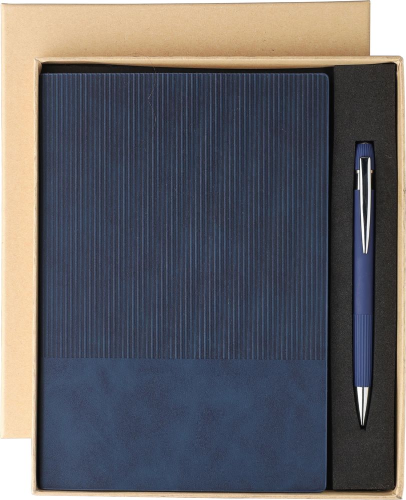 Gerecycled PU-notitieboek (A5) en balpenset Tarek - bedrukt of onbedrukt verkrijgbaar - Blauw