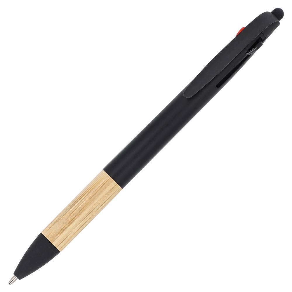 3-kleuren pen met bamboe grip - bedrukt of onbedrukt verkrijgbaar - Zwart