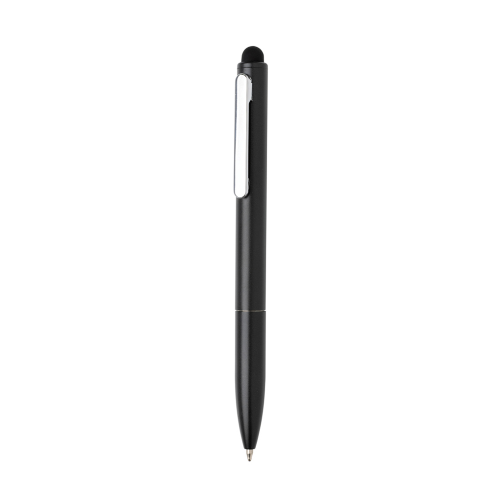 Kymi RCS-gecertificeerde gerecycled aluminium pen met stylus - bedrukt of onbedrukt verkrijgbaar - zwart (± PMS Black)