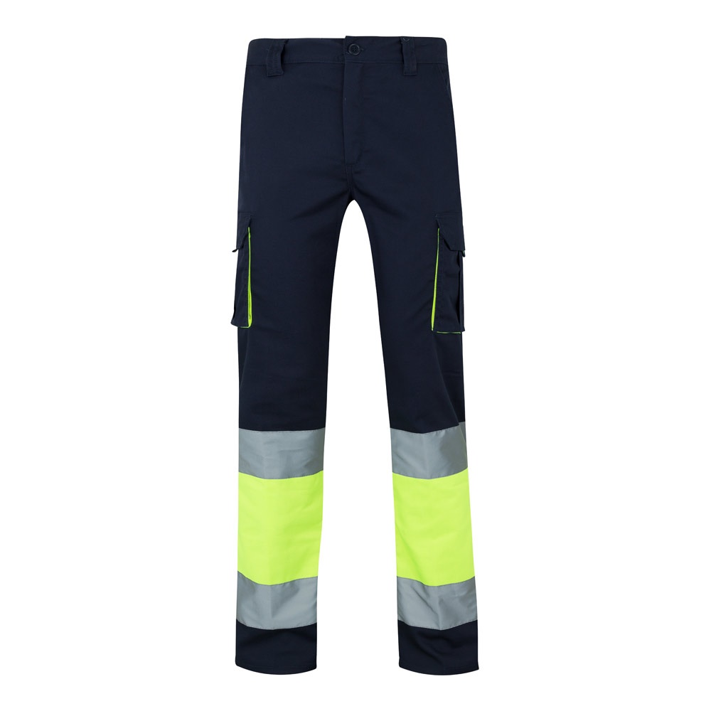 VL ZEUS. Tweekleurige stretchbroek met meerdere zakken (240 g/m²), van katoen (46%), EME (38%) en polyester - Marineblauw, Geel
