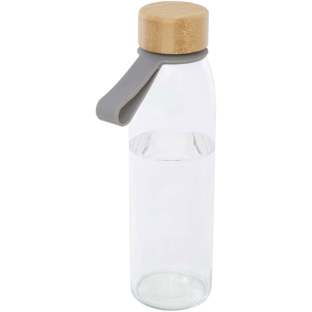 Porto 500 ml glazen waterfles met siliconen handgreep en bamboe deksel - met logo of onbedrukt bestellen - grijs