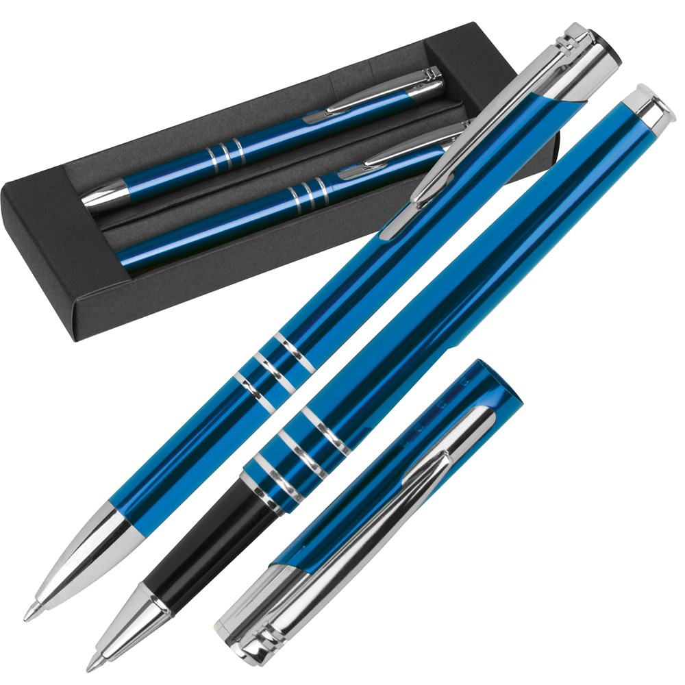 Aluminium schrijfset met een pen en rollerbal - kopen of bedrukken - Blauw