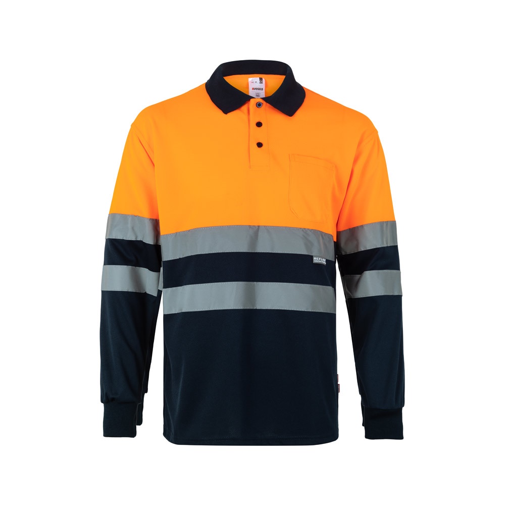 VL VULCAN. Tweekleurige vogelkleurige polo (160g/m²) met lange mouwen, van polyester (100%) - bedrukt of - Marineblauw, Oranje