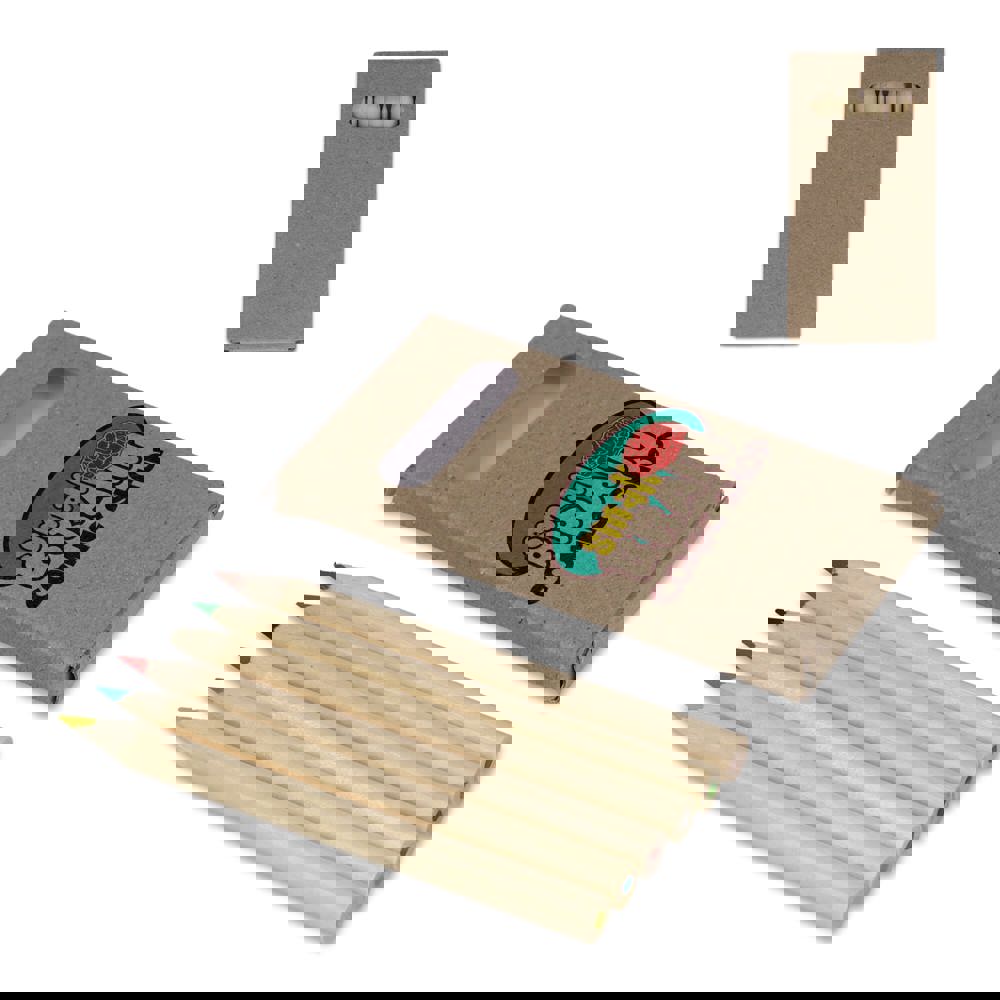 6 kleurpotloden in kraft doosje - met logo of onbedrukt bestellen