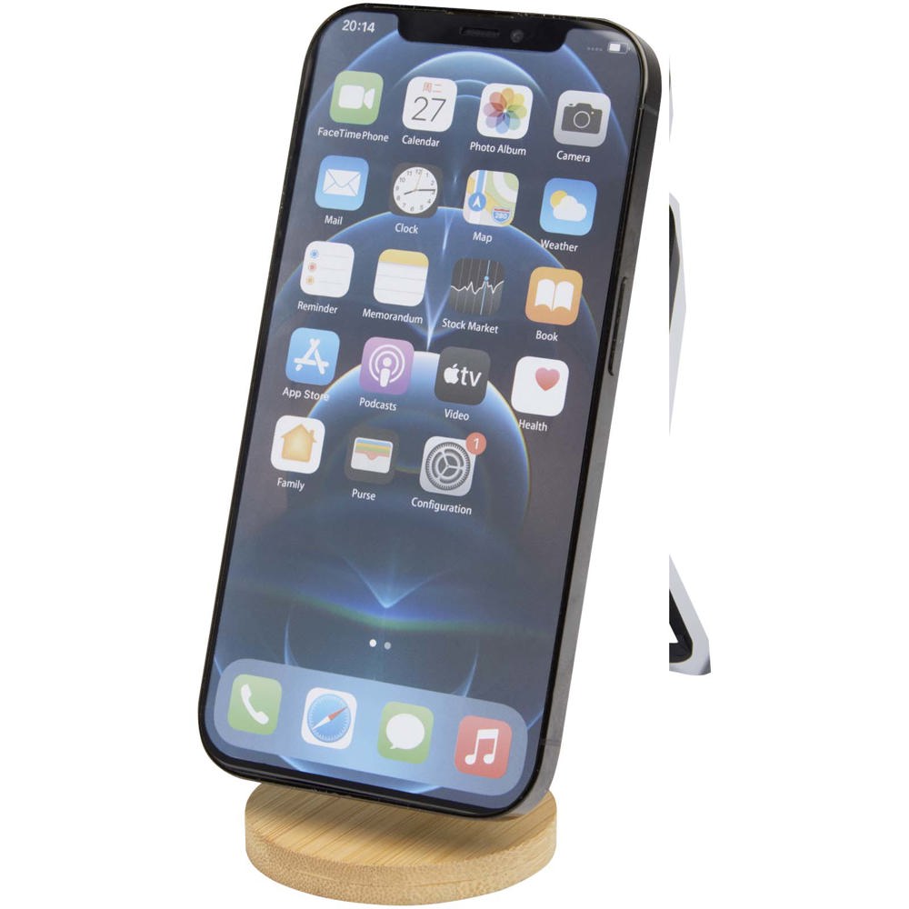 Alcor opvouwbare magnetische telefoonstandaard van gerecycled plastic met bamboedetails - voor bedrijven en