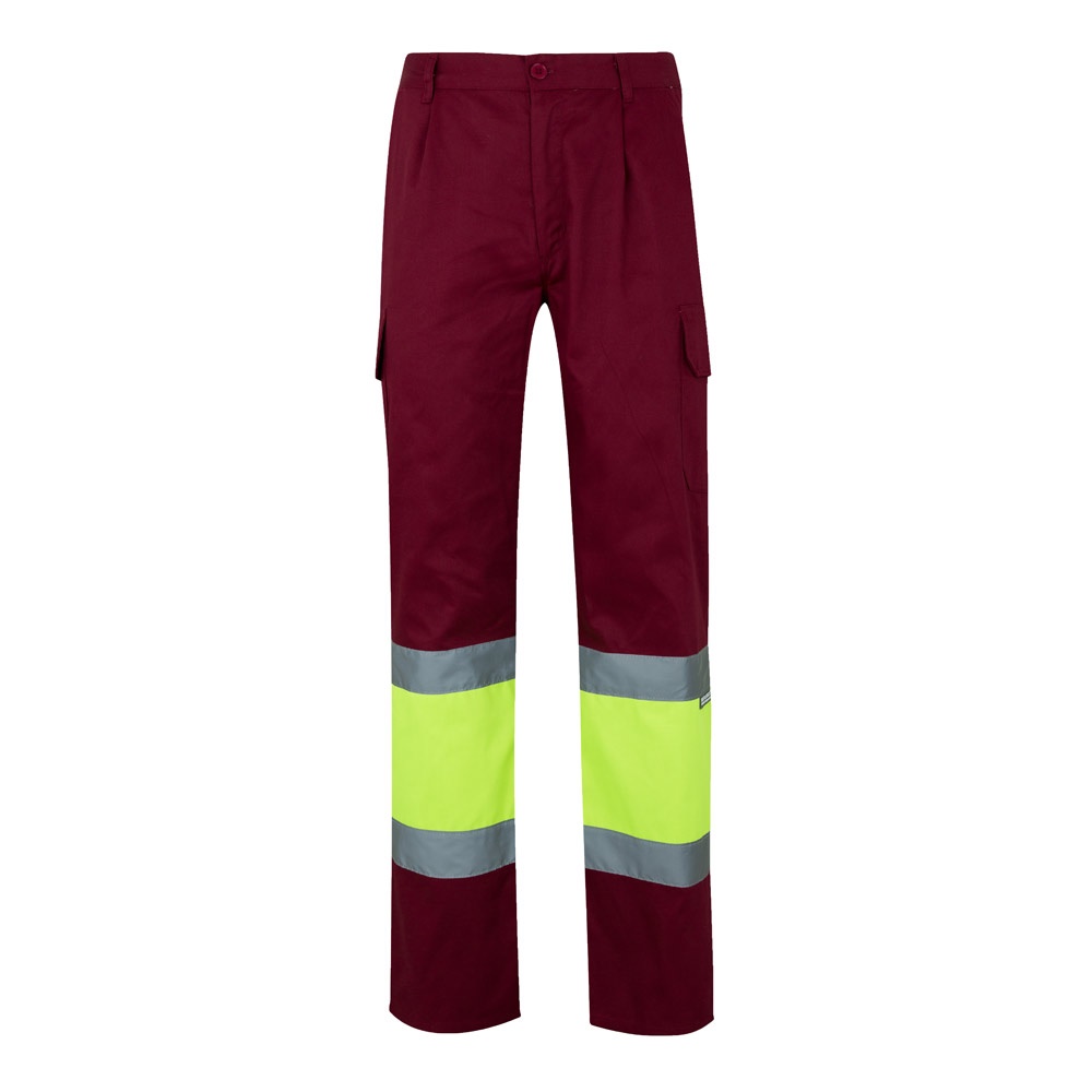 VL POSEIDON. Tweekleurige keperbroek met meerdere zakken (210g/m²), van katoen (20%) en polyester (80%) - voor - Bordeaux rood, Geel